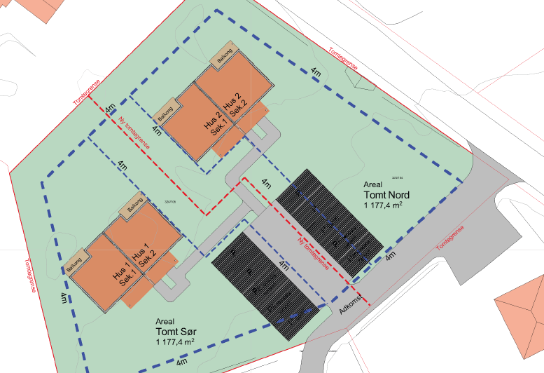 Situasjonsplan. Boligen som annonseres ligger nummer to fra høyre i illustrasjonen. Navn: Hus 2, seksjon 1. Galleribilde