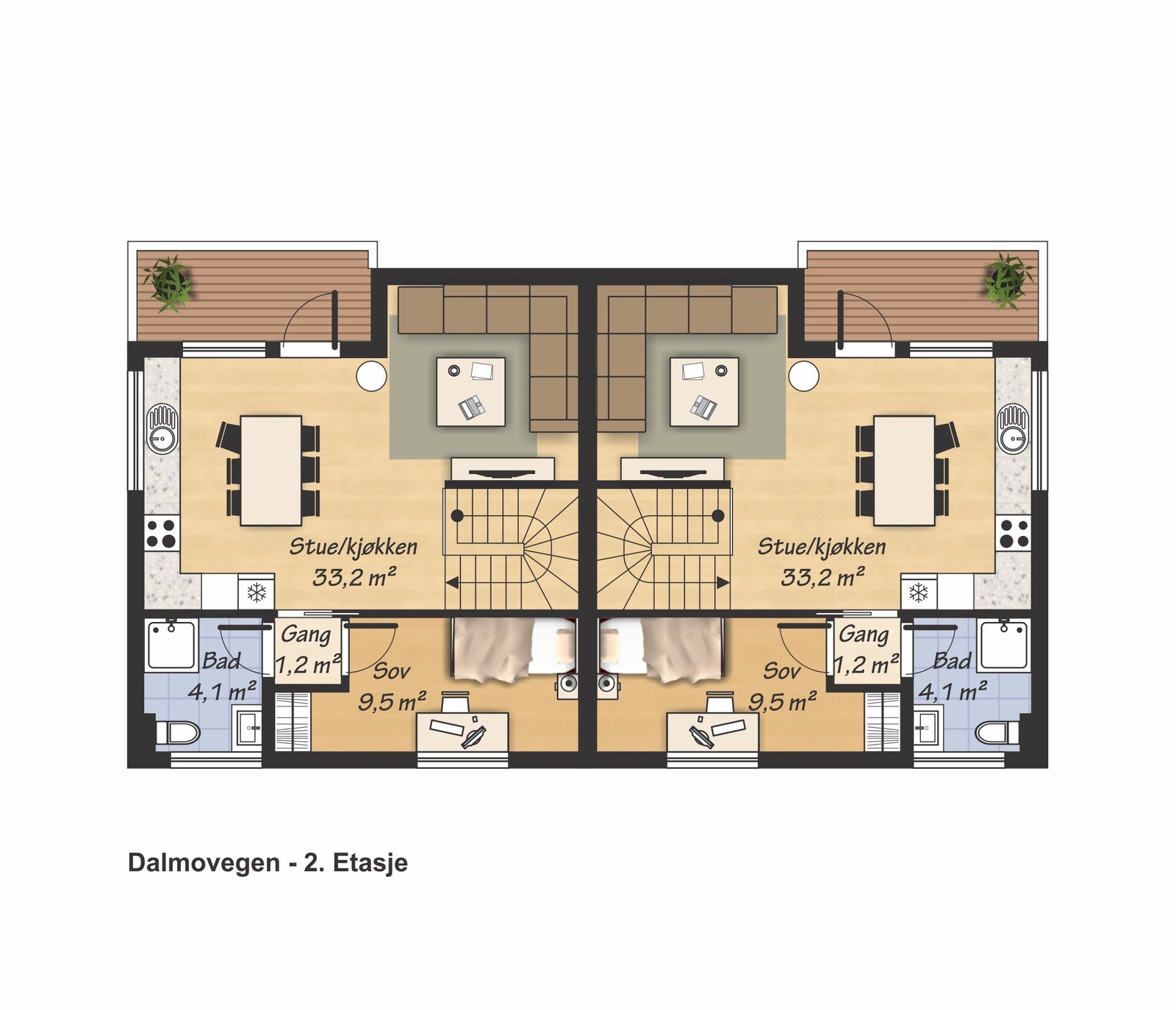 Plantegning 2. etasje. Boligen som annonseres ligger til venstre i plantegningen. Galleribilde