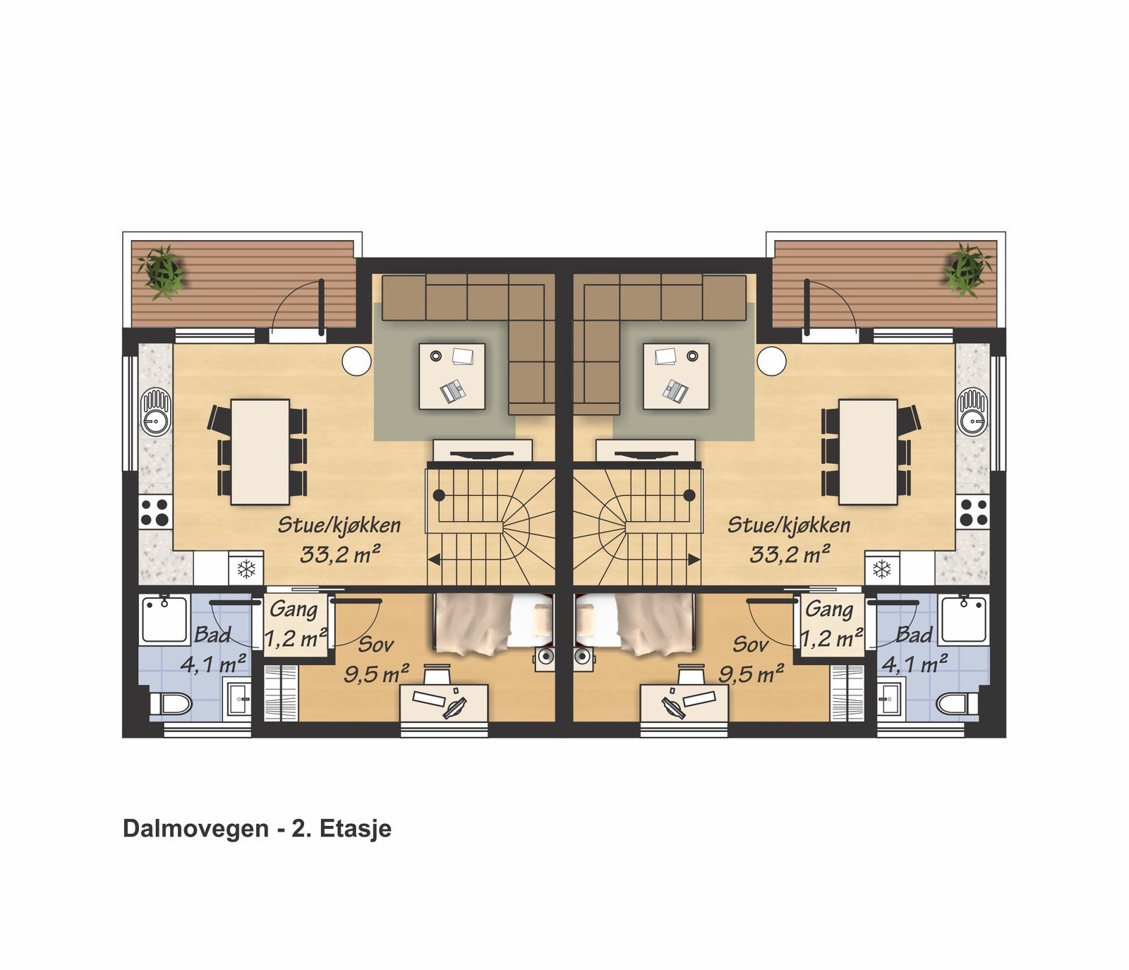 Plantegning 2. etasje. Boligen som annonseres ligger til venstre i plantegningen. Galleribilde