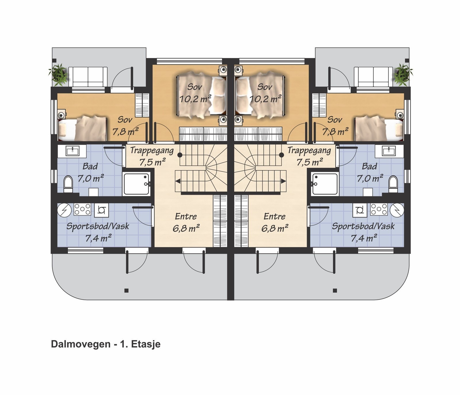 Plantegning 1. etasje. Boligen som annonseres ligger til venstre i plantegningen. Galleribilde