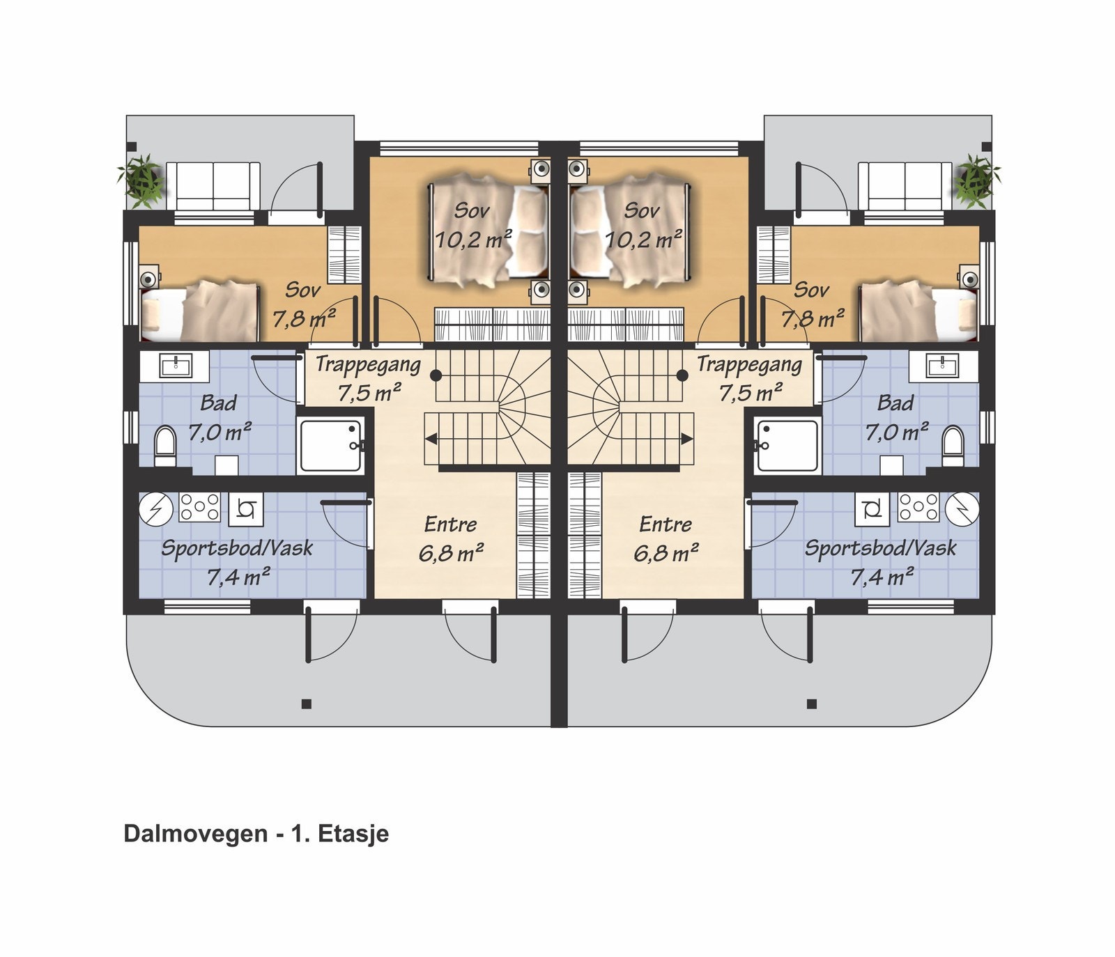 Plantegning 1. etasje. Boligen som annonseres ligger til høyre i plantegningen. Galleribilde