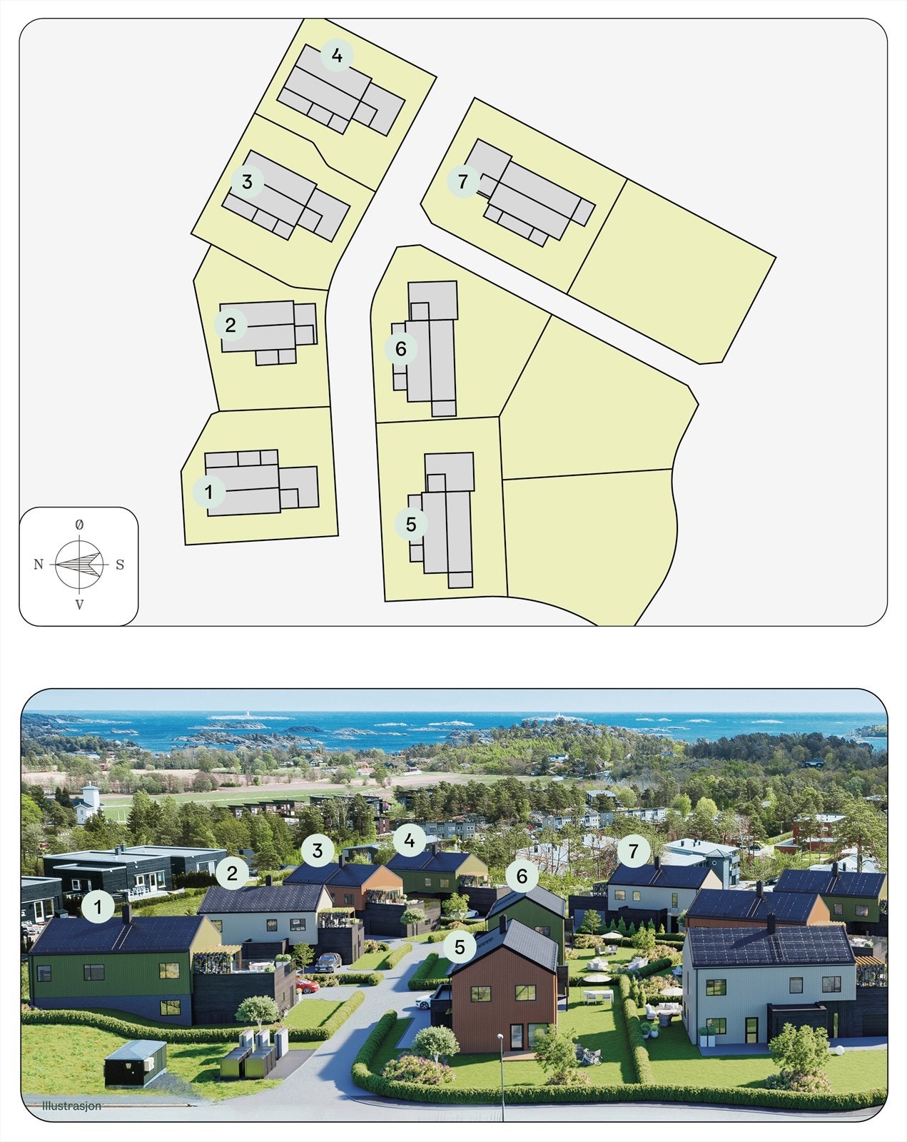 Situasjonskart, med hus 1-4 til venstre i kartet Galleribilde