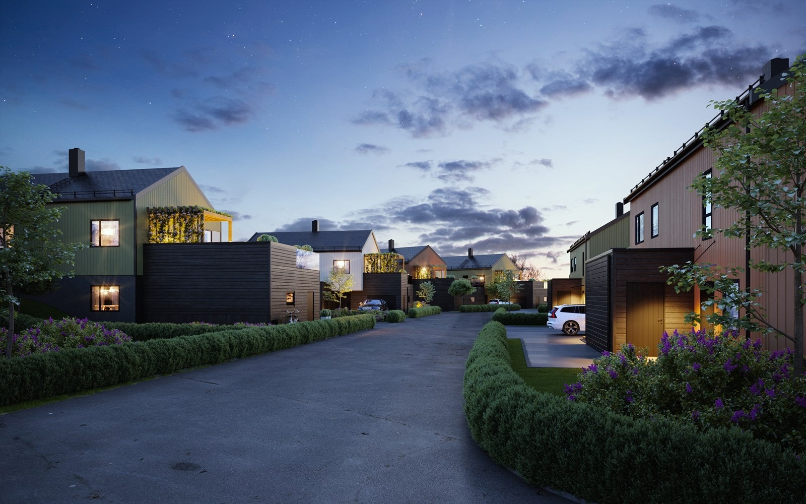 Pent opparbeidede hager og fine uteområder bidrar til et hyggelig nabolag Galleribilde