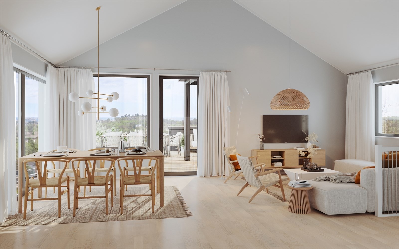 Høyt og luftig under taket i den åpne stue-/kjøkkenløsningen. Galleribilde