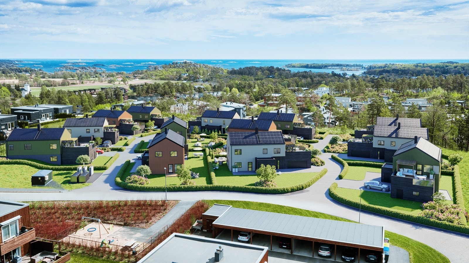 Husene ligger høyt og fritt til. Husrekke 1 - 4 til venstre i bildet. Galleribilde