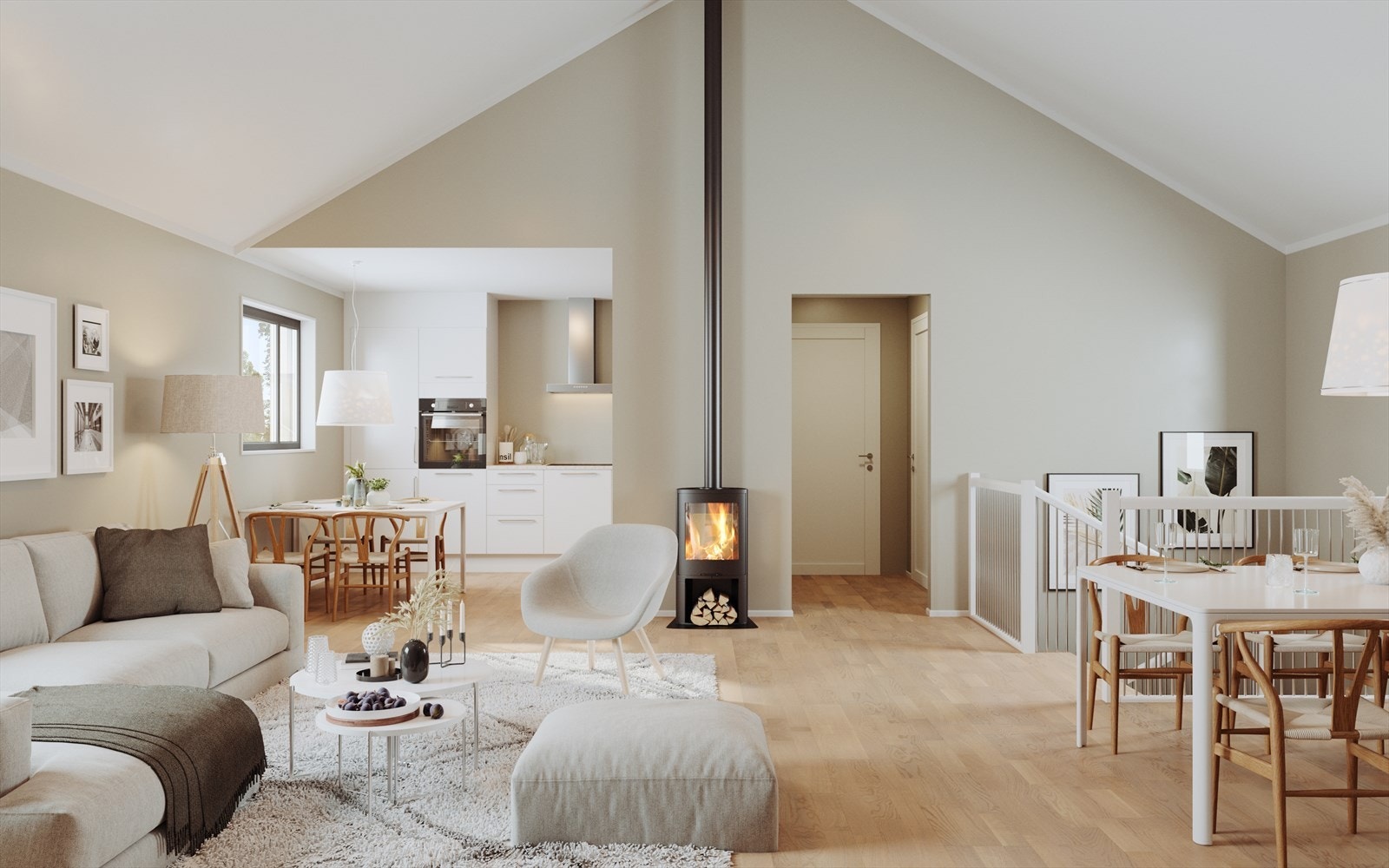 Høyt og luftig under taket i den åpne stue-/kjøkkenløsningen. Galleribilde