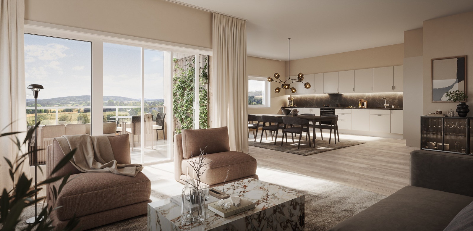 Illustrasjon av leilighet nr. 405. Det vil bli levert kjøkken fra Sigdal Uno i fargen "snø" med 30mm grå laminat benkeplate. Det vil bli gitt mulighet for eventuelt tilvalg senere. Galleribilde