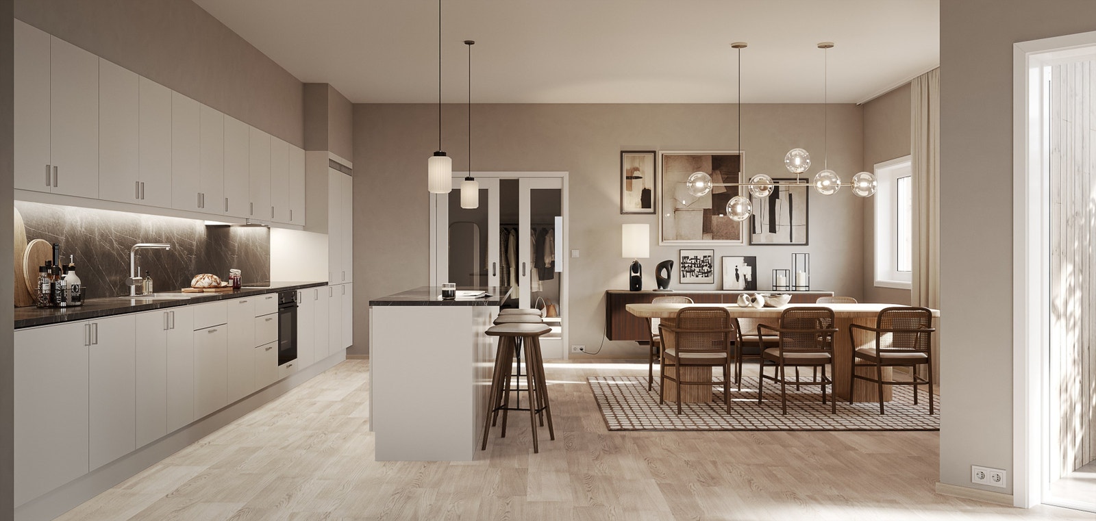 Illustrasjon av leilighet nr. 402. Gjennomgående for alle leiligheter er eike parkett på gulv med gulvlister i eik. Hver leilighet disponerer en sportsbod i kjeller på ca 5 kvm og en innvendig bod for ekstra oppbevaring. Galleribilde