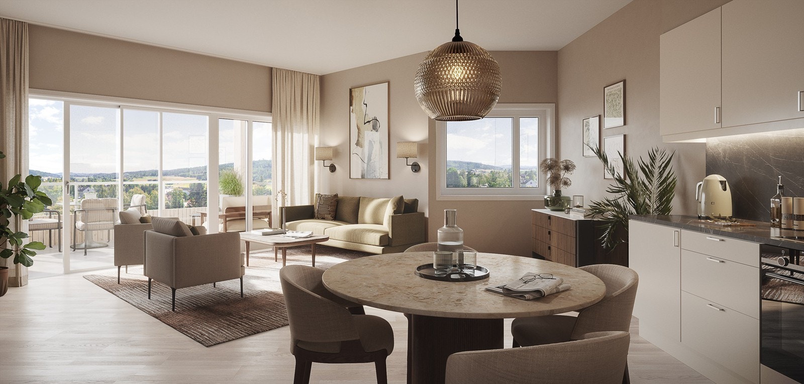 Illustrasjon av leilighet nr. 401. Store vindusflater mot balkong, som slipper godt med naturlig lys inn. Usjenerte terrasser med gode utsiktsforhold og lite innsyn! Galleribilde