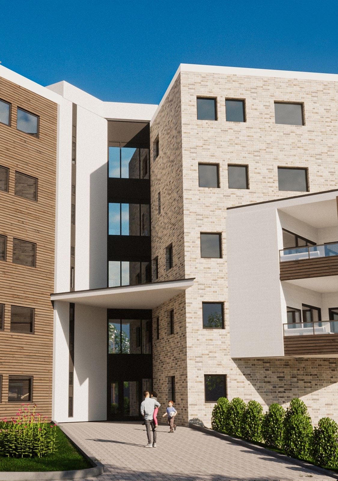 Flotte inngangspartier til prosjektet! Utomhus blir opparbeidet med gangveier, gress og beplantning iht. kommunale retningslinjer. Galleribilde