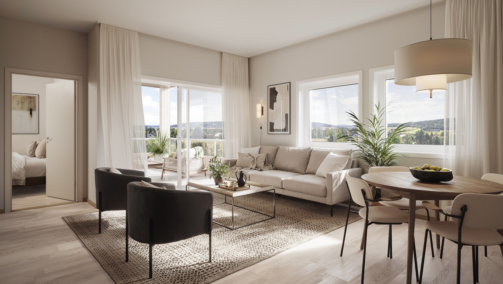 Illustrasjon av leilighet nr. 308. Hver leilighet har gode planløsninger med store rom og egen terrasse/balkong. Leilighetene vil bli levert med vannbåren gulvvarme i gulv (ikke innvendig bod) og elektriske varmekabler på bad. Galleribilde