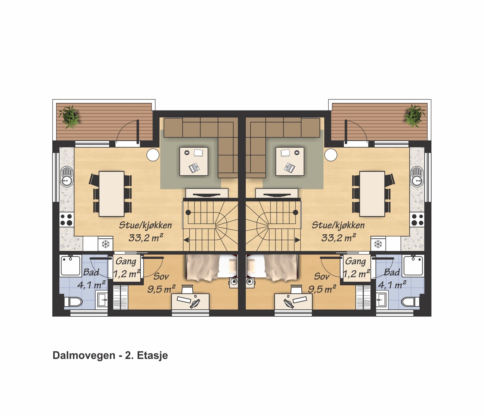 Plantegning 2. etasje. Boligen som annonseres ligger til høyre i plantegningen. Galleribilde