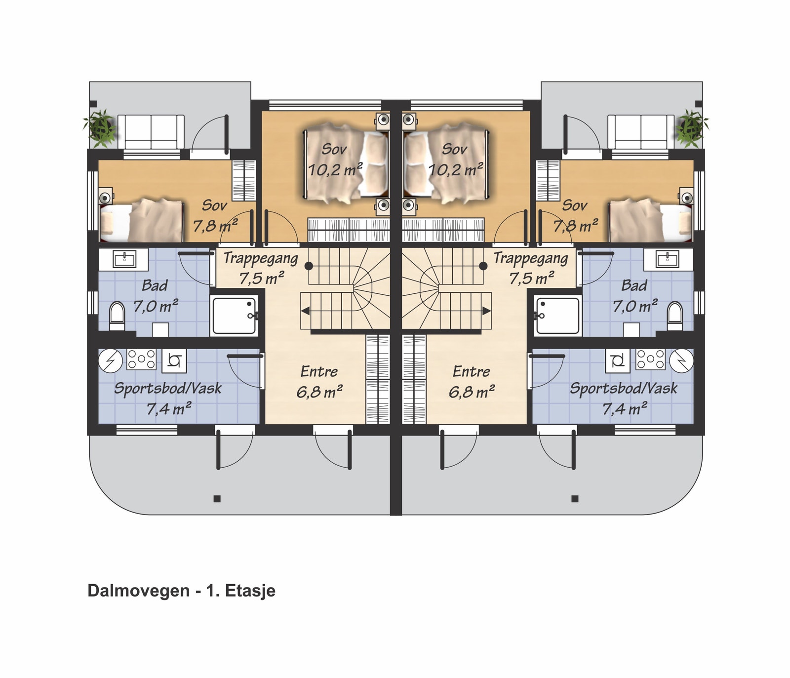Plantegning 1. etasje. Boligen som annonseres ligger til høyre i plantegningen. Galleribilde