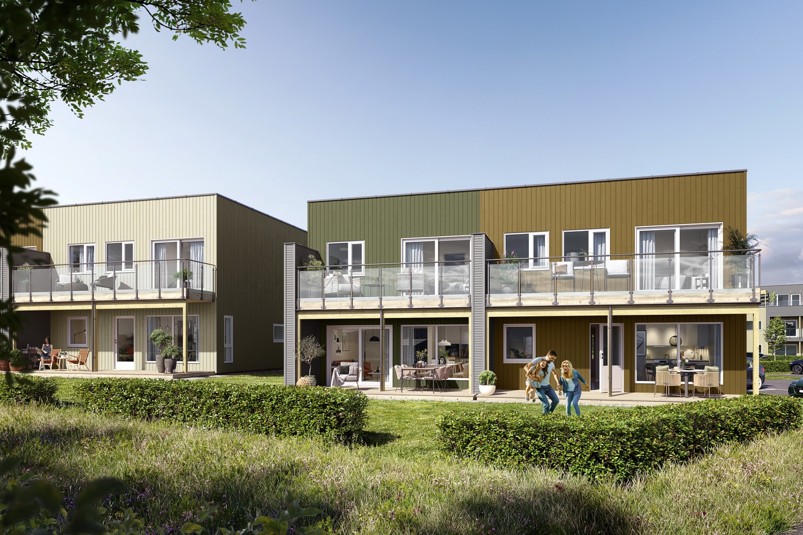 Fasaden til rekkehus 6-11 med vestvendte solrike terrasser! Galleribilde