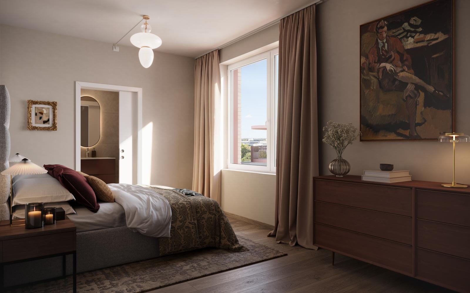 Dus fargepalett på soverommet illustrert fra hovedsoverom i leil. H0804. Galleribilde