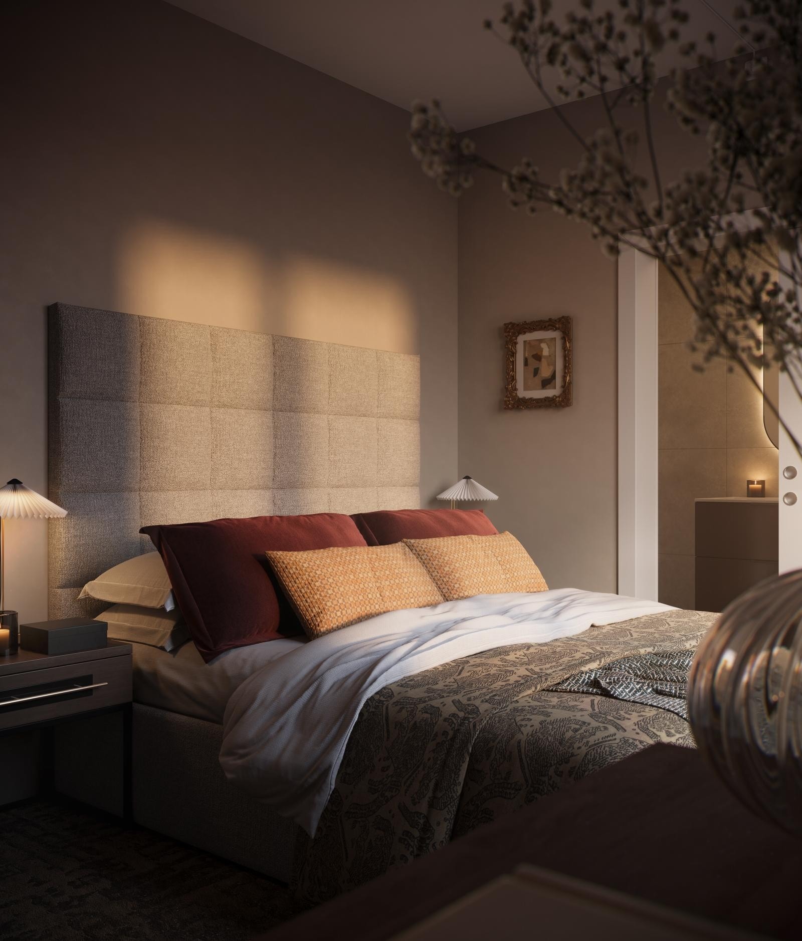 Dus fargepalett på soverommet illustrert fra hovedsoverom i leil. H0804. Galleribilde