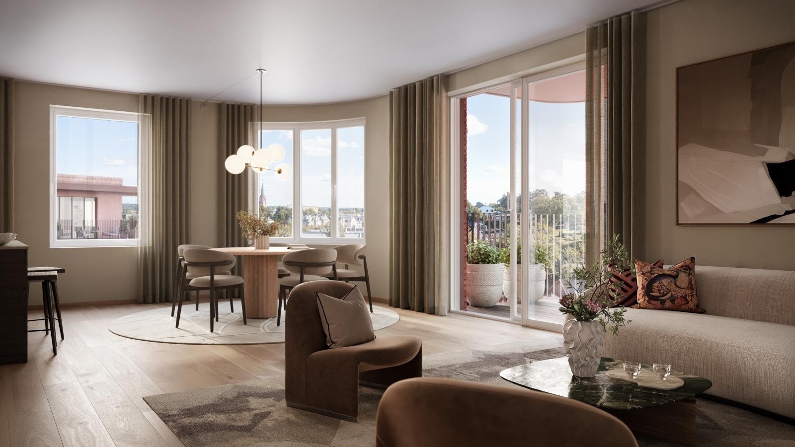 De buede hjørnene er karakteristiske og setter stuen i fokus. Illustrasjon fra leil. H0701. Galleribilde