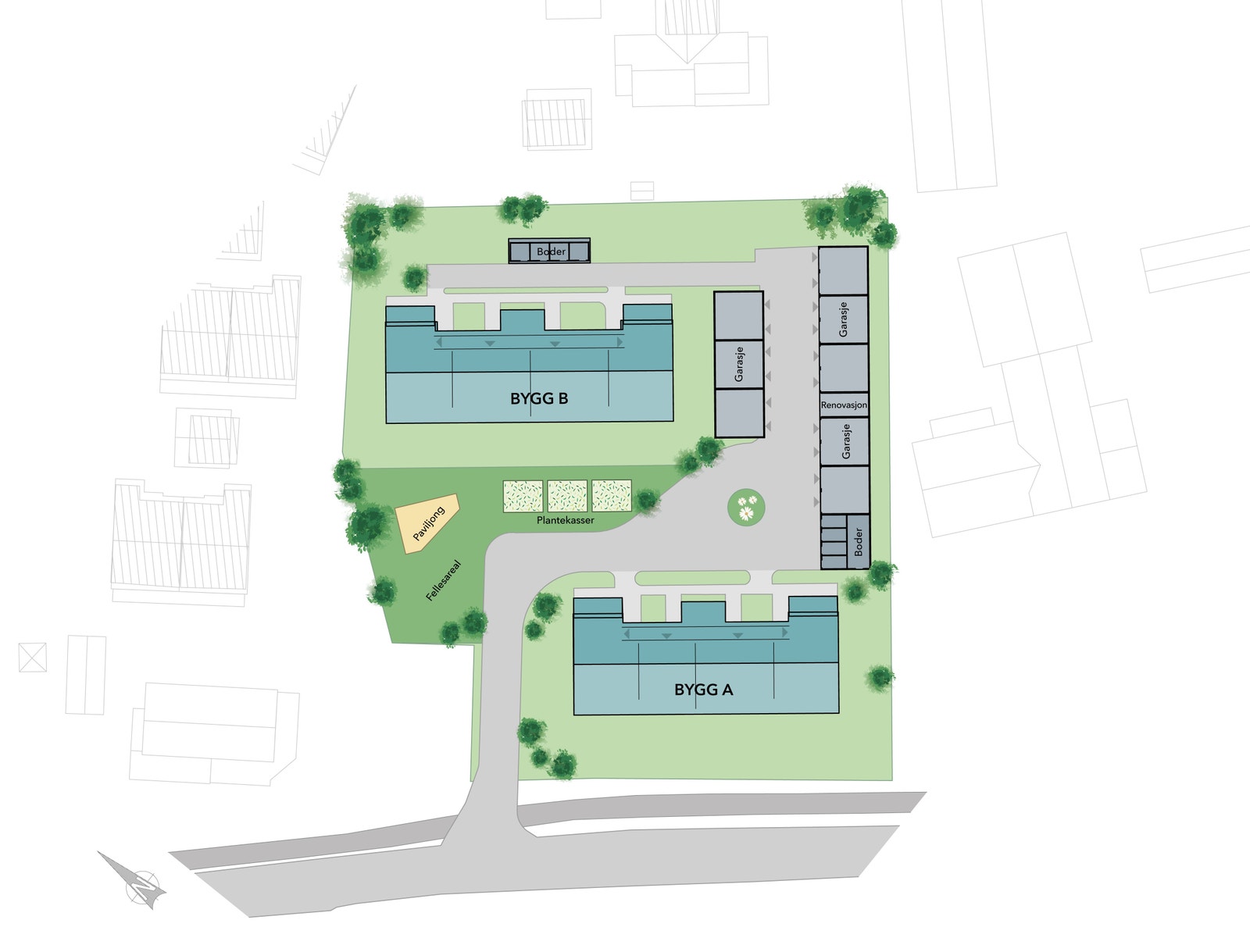 Illustrasjonsplan av Randmæl Nordre, det er hus B som er ferdig bygget Galleribilde