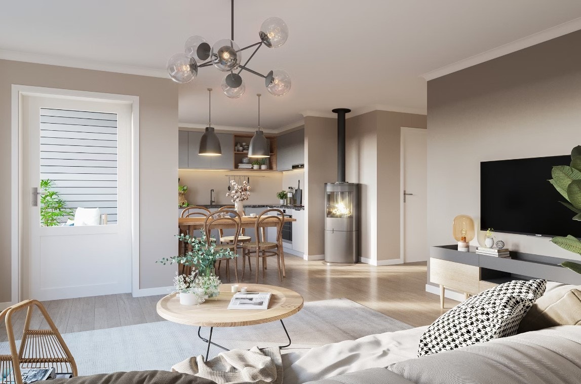 Stue med utg. til terrasse og kjøkken med peisovn i leilighetene.
Dette er en illustrasjon om kan avvike fra virkelig levering. Galleribilde