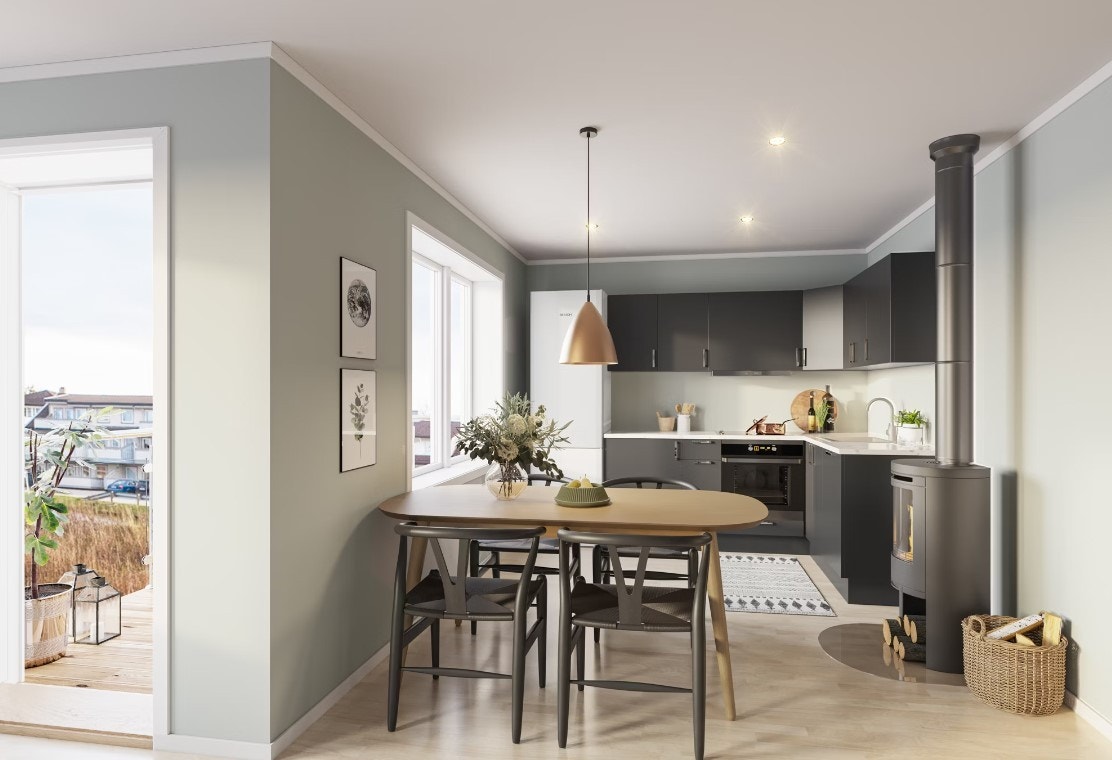 Lys og luftig stue og kjøkken i leilighetene.
Dette er en illustrasjon om kan avvike fra virkelig levering. Galleribilde