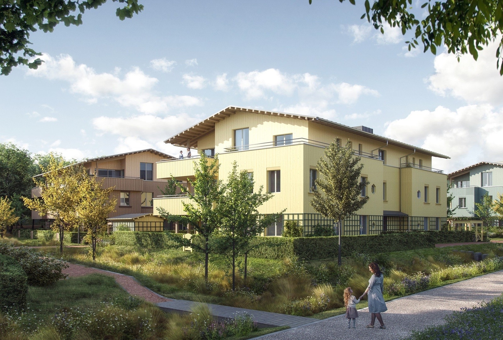 Ballerud Hageby planlegges med fine og bilfrie uteområder mellom husene. Galleribilde