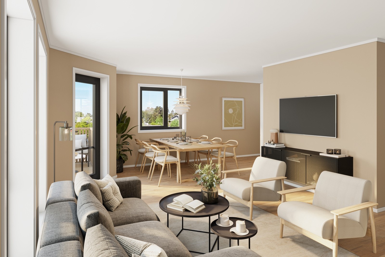 Leilighetene har en arealeffektig planløsning hvor stue og kjøkken i moderne, åpen løsning. Som standard leveranse kjøkkken fra Strai. Galleribilde