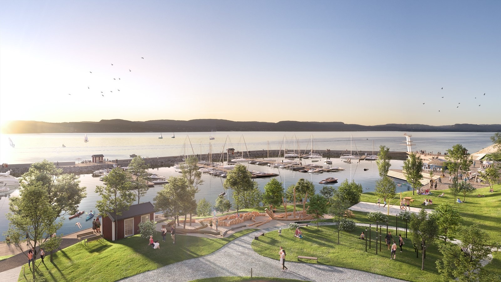 Det blir store opparbeidede grøntareal mellom boligen og sjøen. Galleribilde