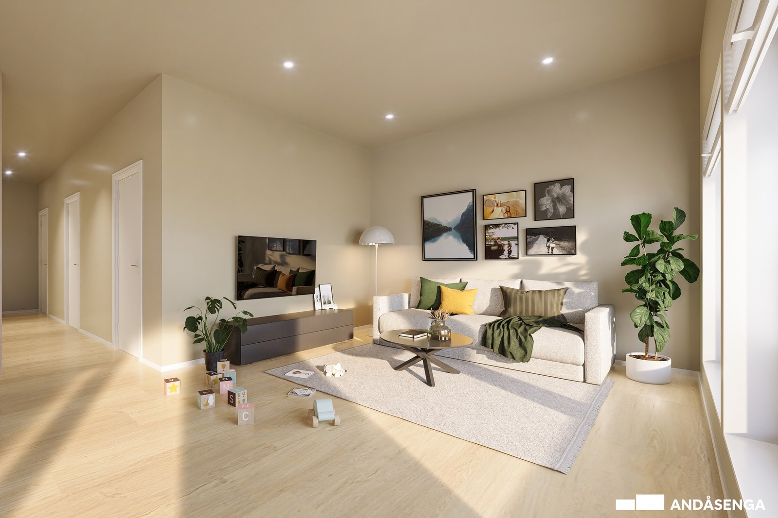 På stuen og kjøkkenet er det planlagt malt gips på vegger og tak med listefrie overganger. Galleribilde