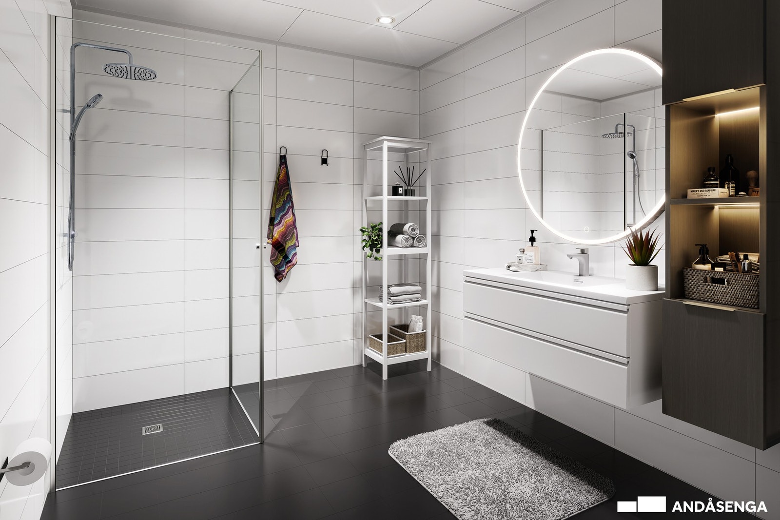 Badet får svarte fliser på gulv, våtromsplater på veggene og vannbåren varme i gulv. Galleribilde