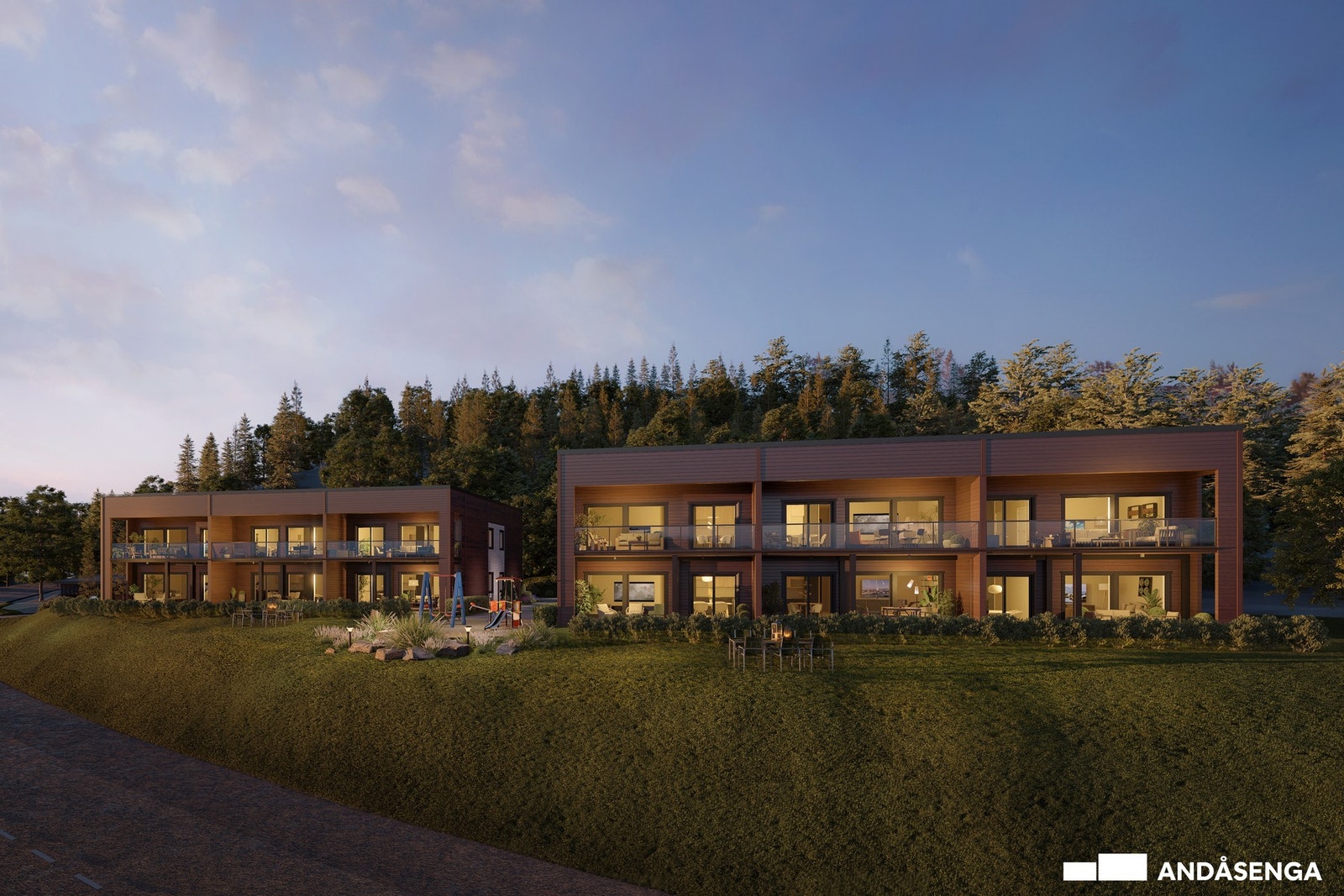 Prosjektet består av 2 byggetrinn á 12 leiligheter. 1. byggetrinn med de første 6 er i bygget til venstre. Galleribilde