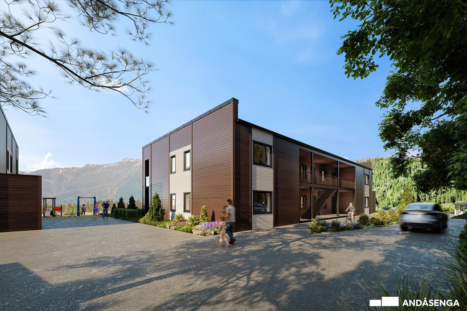 Det vil opparbeides fellesarealer med asfaltert internvei, hageareal og carport til hver enhet. Galleribilde