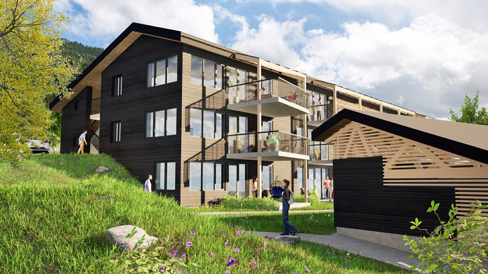 Illustrasjon - leilighetene er fordelt på 3 etasjer. Alle enheter får en romslig sørvendt balkong og parkering i carport. Galleribilde