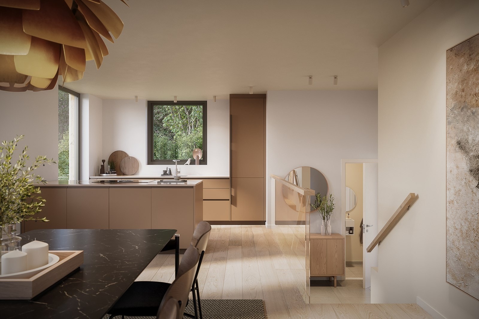 Fantastisk og elegant kjøkken leveres av Expo Nova med kjøkkeninnredning fra Poliform Alea med benkeplate i touchlaminat. Illustrasjon. Galleribilde