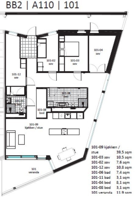 V1A, 5-roms leilighet i 1. etasje, plantegning Galleribilde