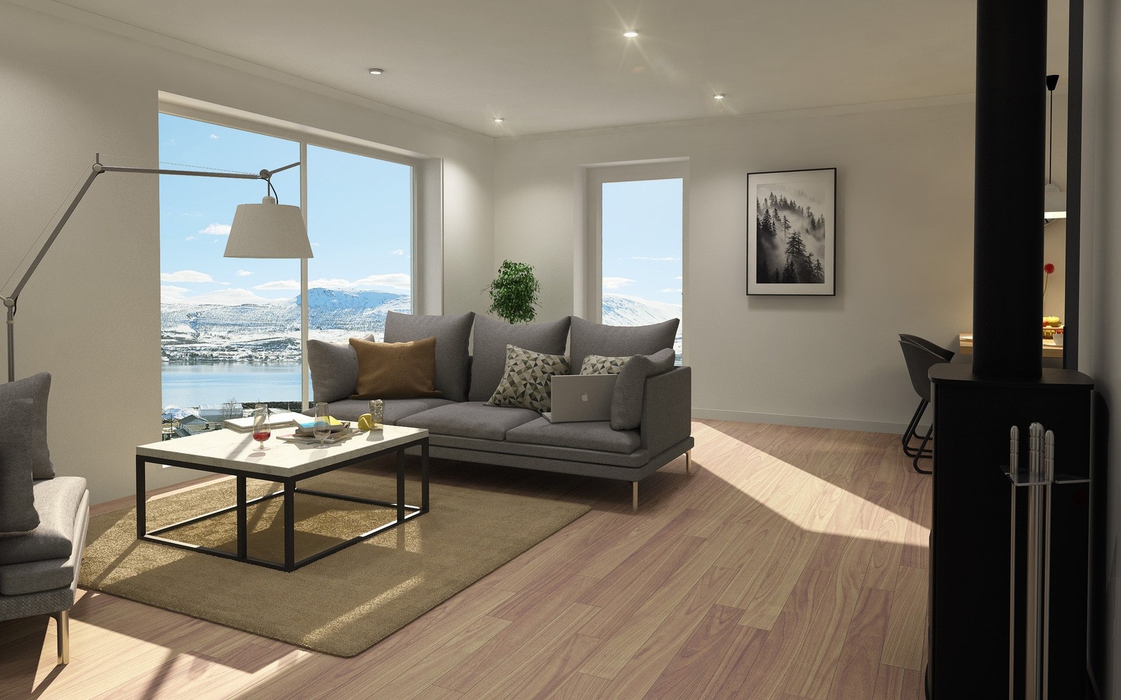 Lys og trivelig stue med stort vindu i front og kjøkken i bakkant. Fra tomten er det fin utsikt ut mot Langsundet. Galleribilde