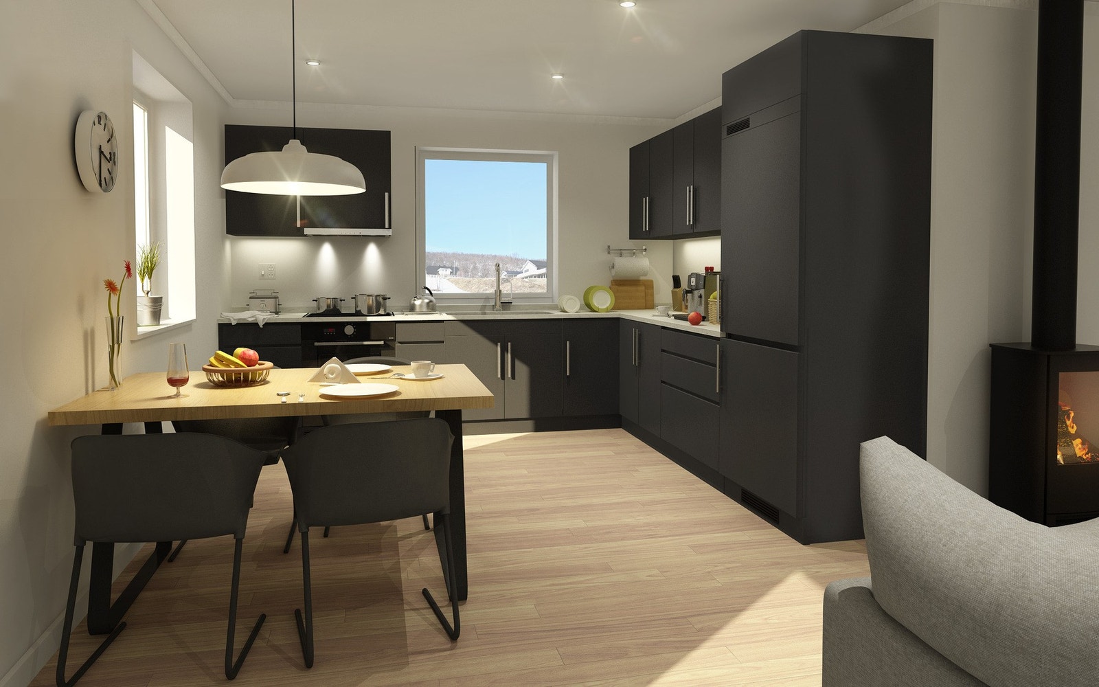 Flott kjøkken med integrerte hvitevarer som medfølger. Galleribilde