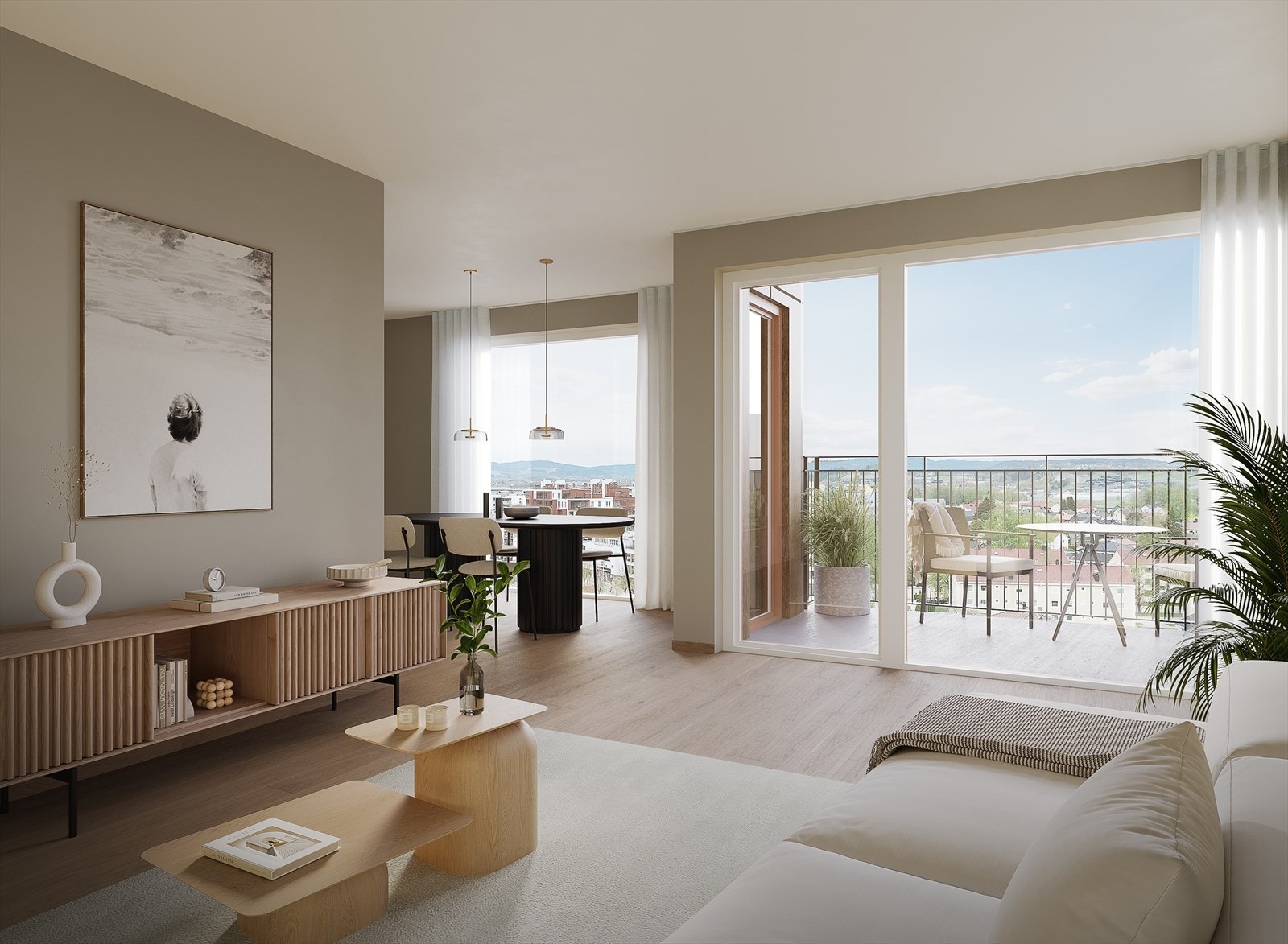 Meget innbydende 4-roms topp- og hjørneleilighet med egen privat takterrasse. Høye vinduer, balkong, 2 bad og mastersuite. Illustrasjonsbilde - kan avvike fra standardleveranse. Galleribilde