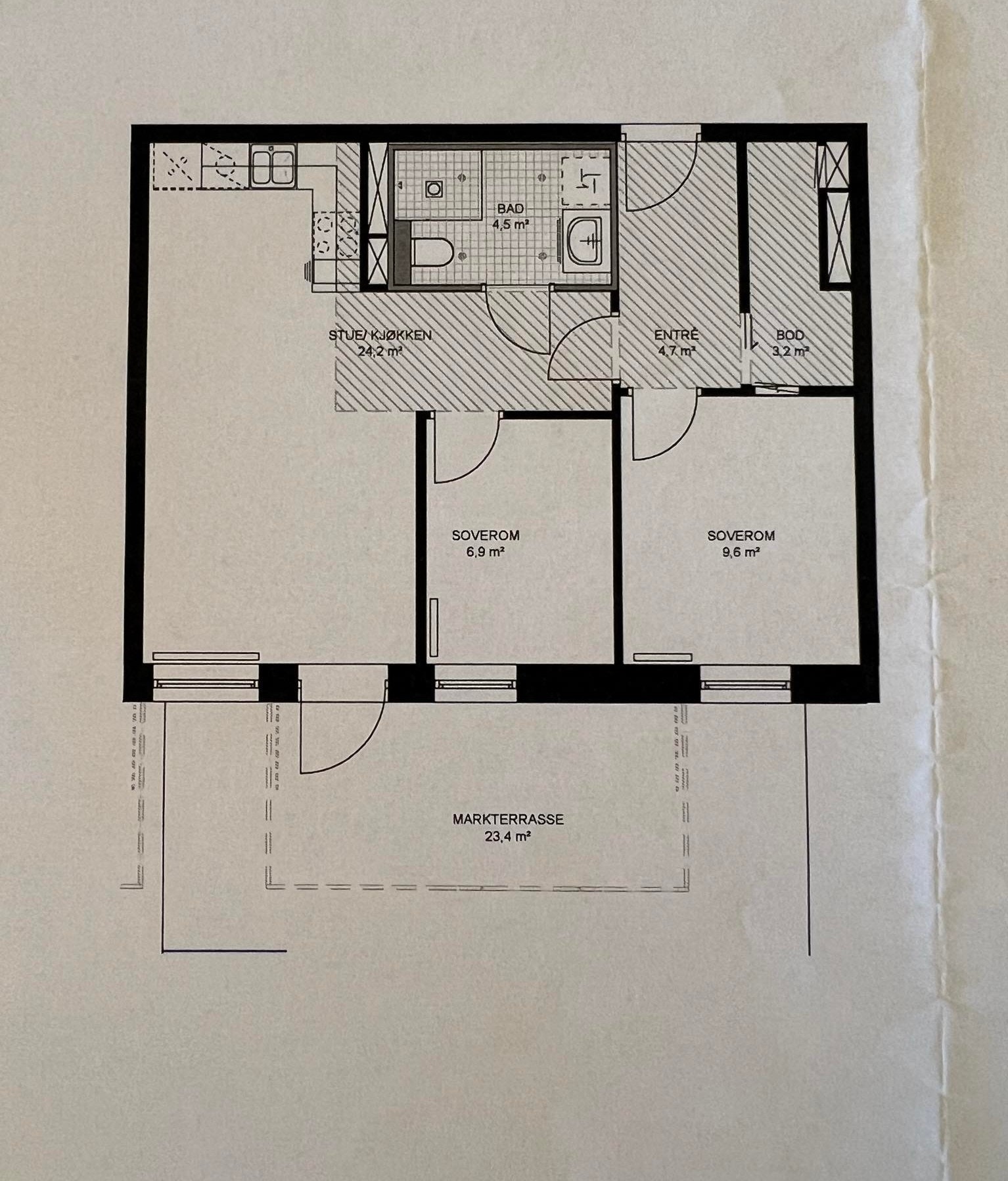 Planløsning (terrassen er 45m2, ikke 23m2 som på bildet). Galleribilde