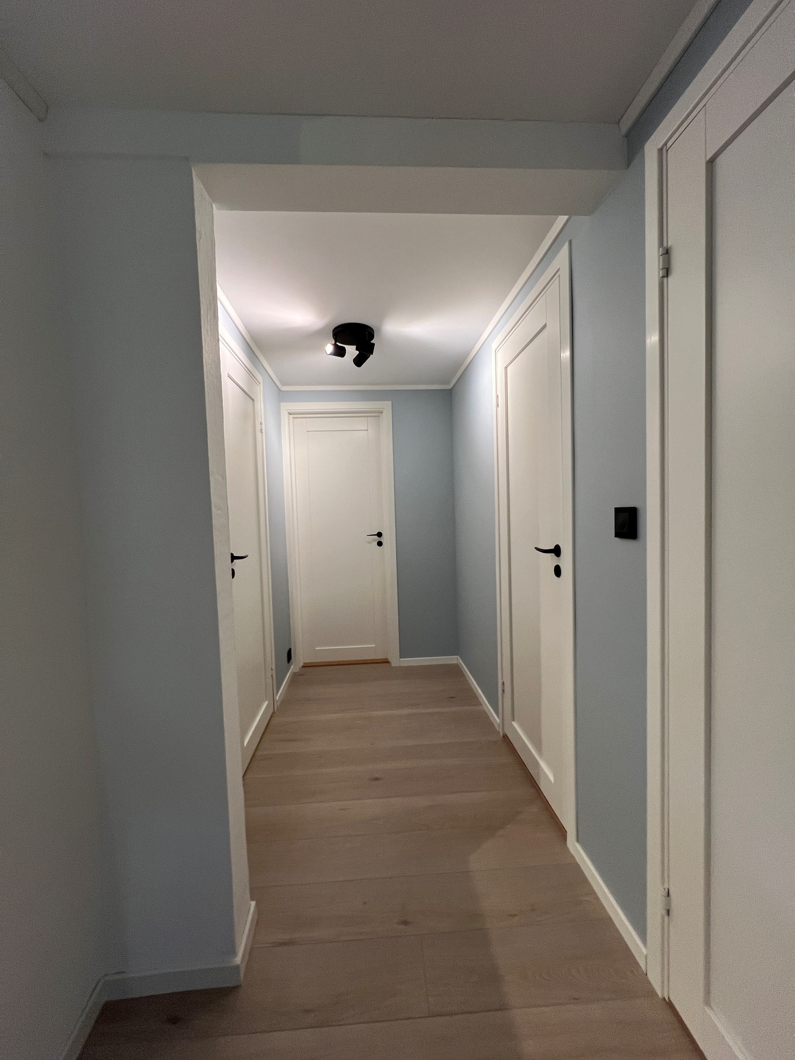 Innvendig mellomgang med dør til soverom, bad og bakgang. Galleribilde