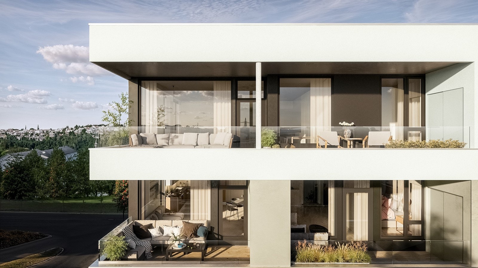 Utvendig illustrasjon balkongen til leilighet 21. Leiligheten vender mot vest og har ypperlige sol- og utsiktsforhold. Avvik vil forekomme. Galleribilde