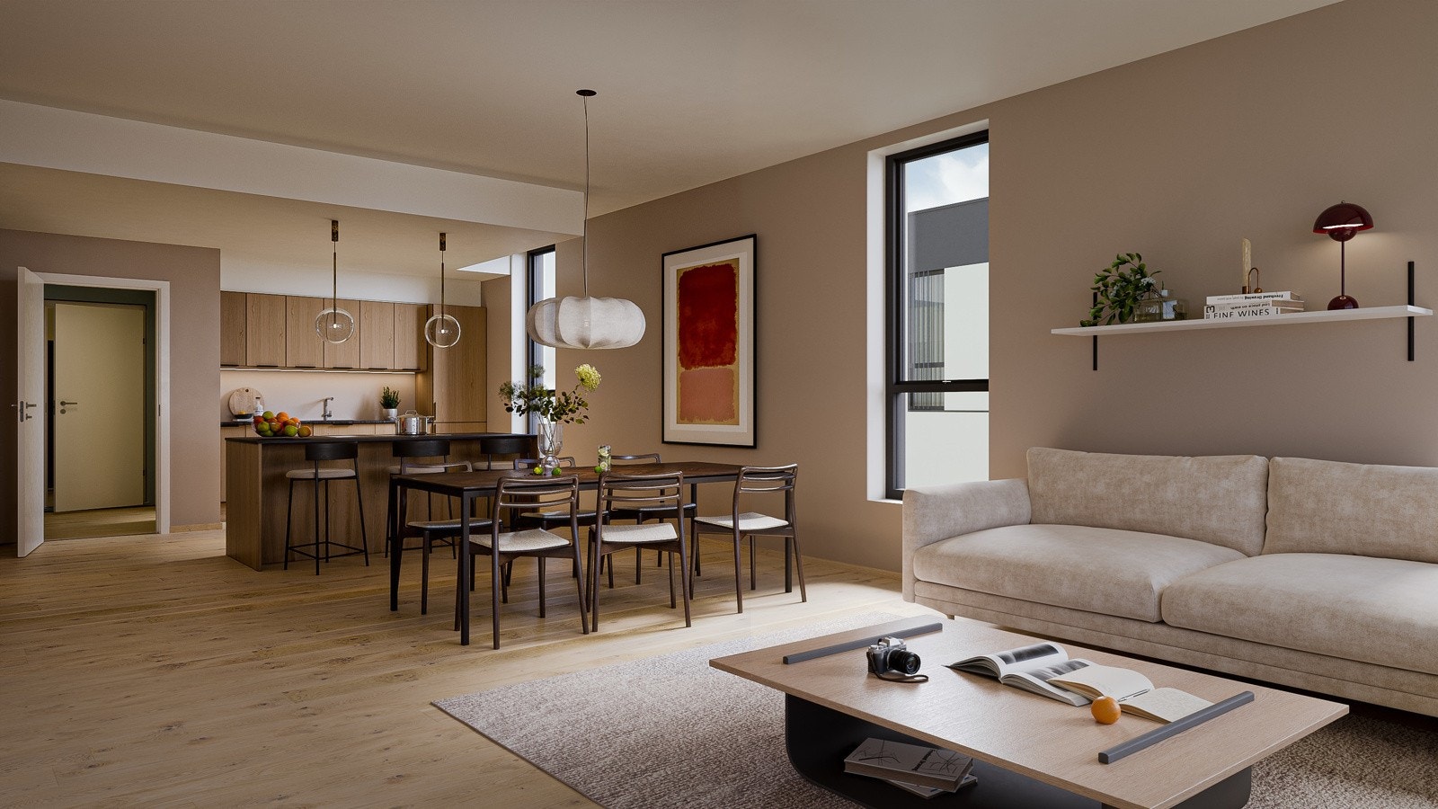 Leilighet 18, en av toppleilighetene. Toppene har ekstra kvaliteter som standard, blant annet 1-stavs hvitpigmentert eikeparkett i alle tørre rom. Illustrasjon, avvik vil forekomme. Galleribilde