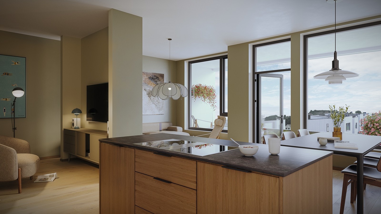 Leilighet 19, også toppleilighet. Her kan man kokkelere på kjøkkenøya. samtidig som man underholder middagsgjestene eller nyter utsikten. Illustrasjon, avvik vil forekomme. Galleribilde