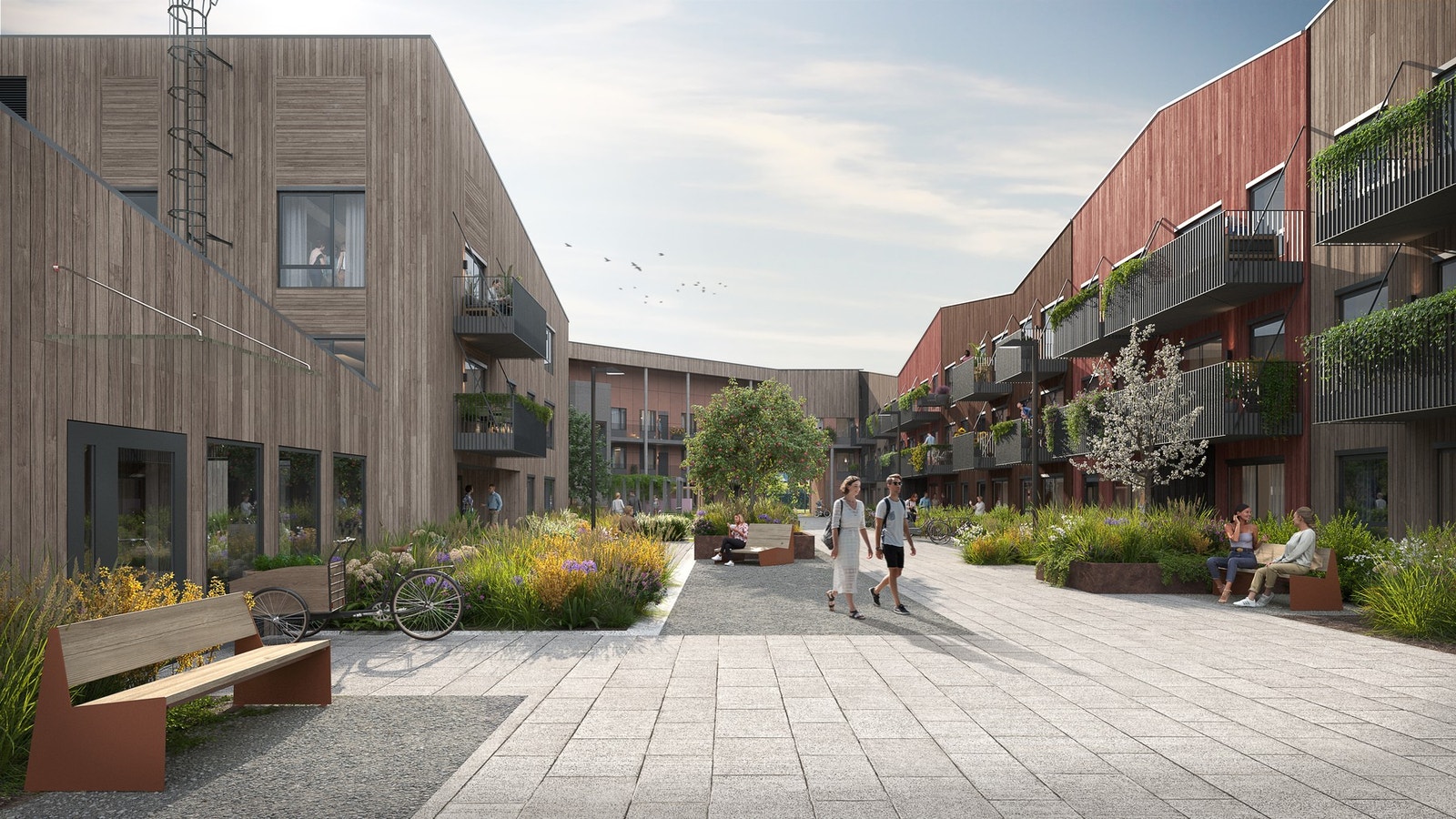 Mellom byggene blir det opparbeidet flotte fellesareal som kan benyttes av beboerne. Illustrasjon, avvik vil forekomme. Galleribilde