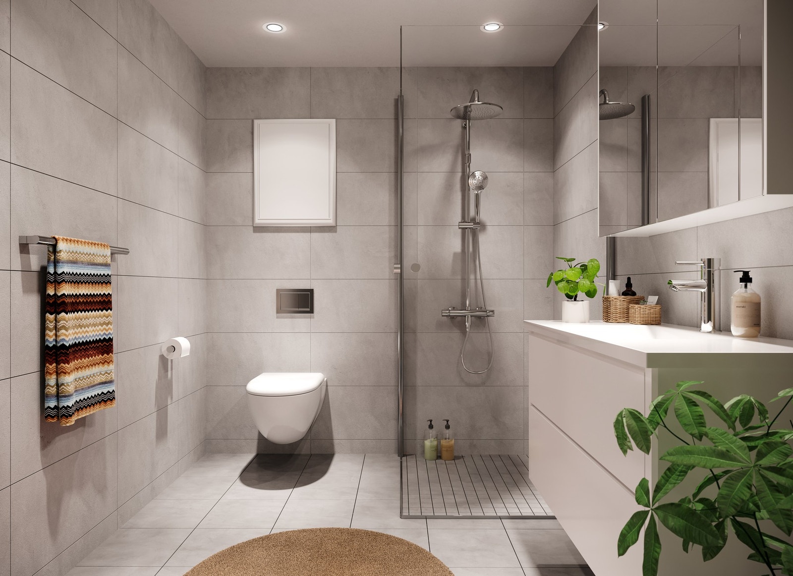 To delikate baderom med varme i gulvet og spotter i tak. Illustrasjon, avvik vil forekomme. Galleribilde