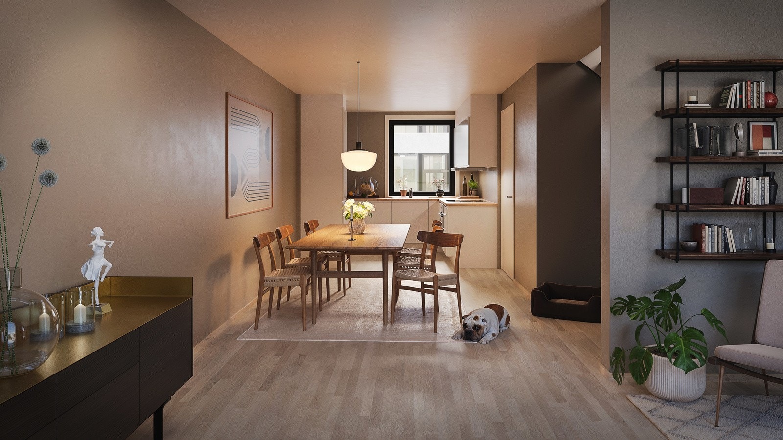 Fint dansk designkjøkken med grepsfrie håndtak. Herlig bad med vegghengt toalett, varmekabler og flislagt gulv, samt fliser i dusjsone. 3-stavs hvitpigmentert eikeparkett i alle tørre rom. Galleribilde