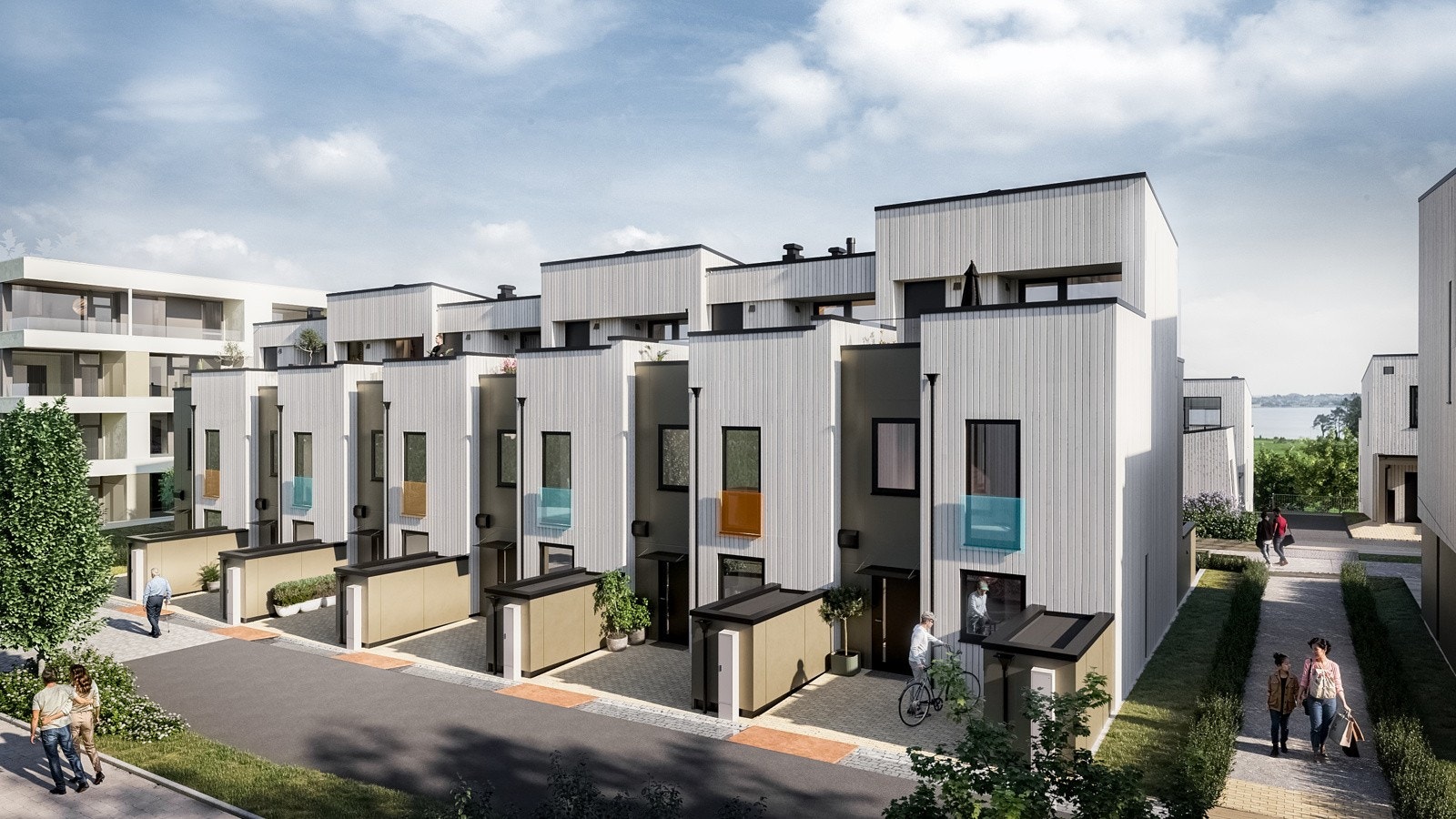 De seks boligene er like både utenpå og inni. Faller du for disse, er det viktigste valget hvor i rekka du vil bo. Inngangspartiet vender mot nordvest. Sykkel er det eneste kjøretøyet som slipper inn i gårdsrommet, og tohjulingene har til og med egen bod Galleribilde