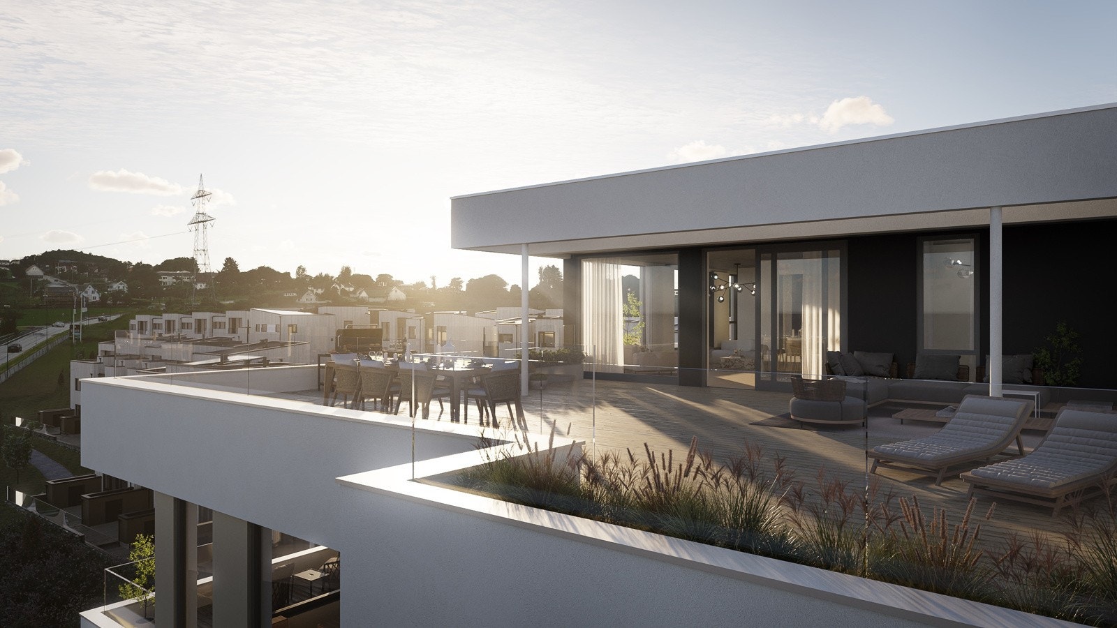 Utvendig illustrasjon takterrasse for leilighet 17. Takterrassen har en formidabel utsikt med meget gode solforhold. Galleribilde