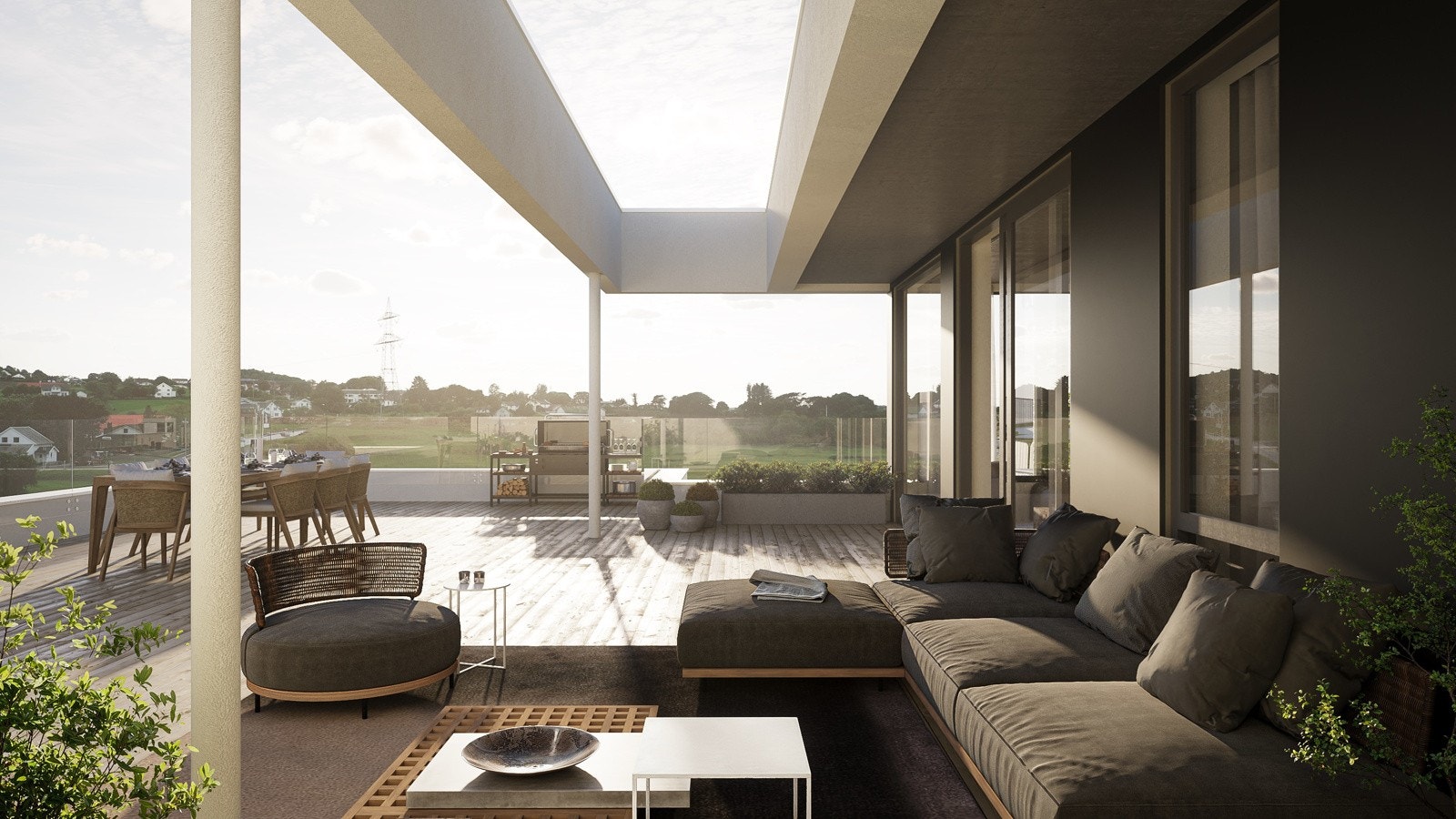 Utvendig illustrasjon takterrasse for leilighet 17. Her blir det god plass til å møblere og lage forskjellige utesoner. Galleribilde