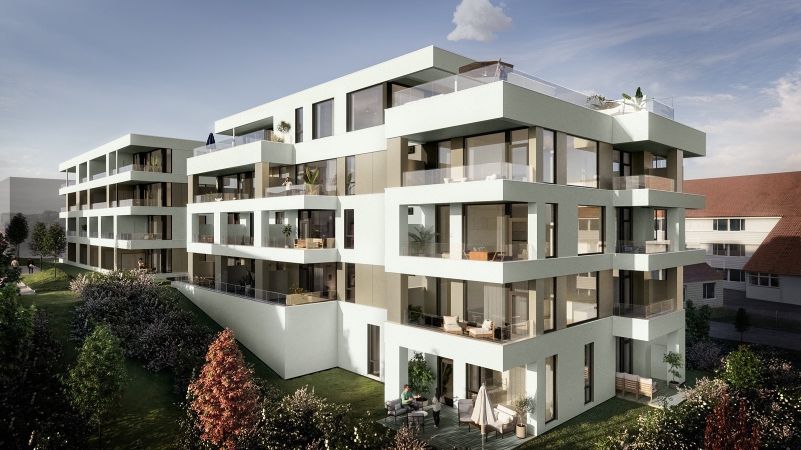 Det private uteområde, markterrasse, balkong eller takterrasse, vender for de aller fleste mot sørvest og mange timer sol. Galleribilde