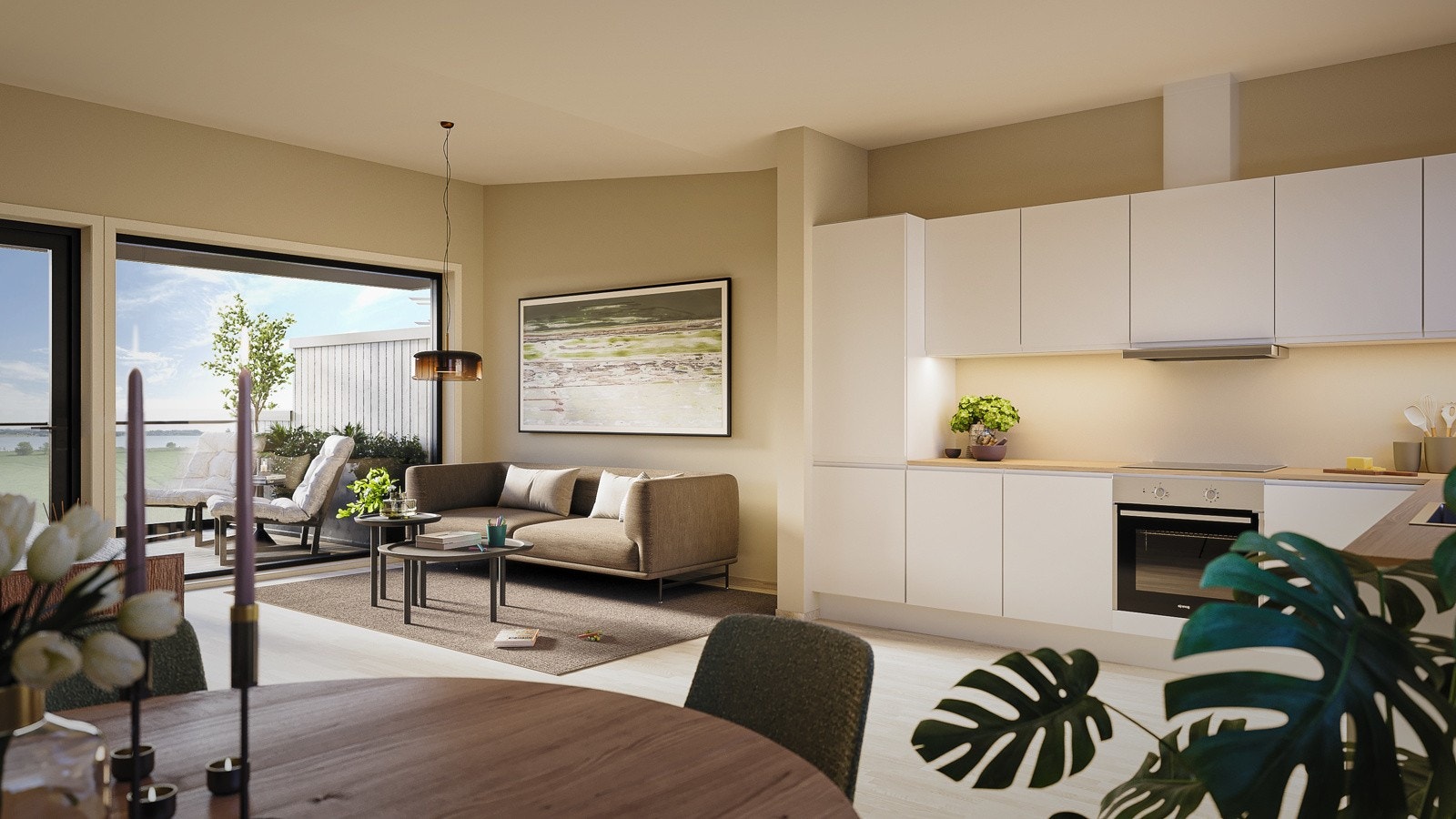 Fint dansk designkjøkken med grepsfrie håndtak. Herlig bad med vegghengt toalett, varmekabler og flislagt gulv, samt fliser i dusjsone. 3-stavs hvitpigmentert eikeparkett i alle tørre rom. Galleribilde